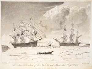 Isabellan ja Aleksanterin vaarallinen tilanne, 7. elokuuta 1818, kuvitus teoksesta "A Voyage of Discovery...", 1819 (käsinvärinen kaiverrus)